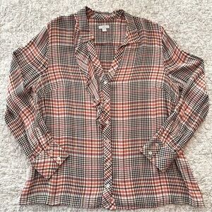 J.Jill Pink, Black, Brown Plaid Button-down Blouse with Ruffle Super Soft Career